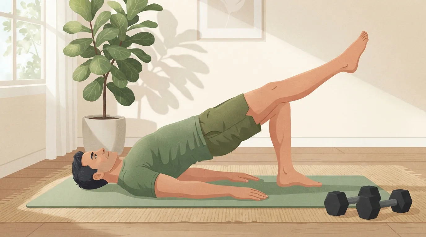 A man doing a single-leg glute bridge on a mat in his living room, with a pair of dumbbells resting beside the mat for when bodyweight Pilates stops being hard enough