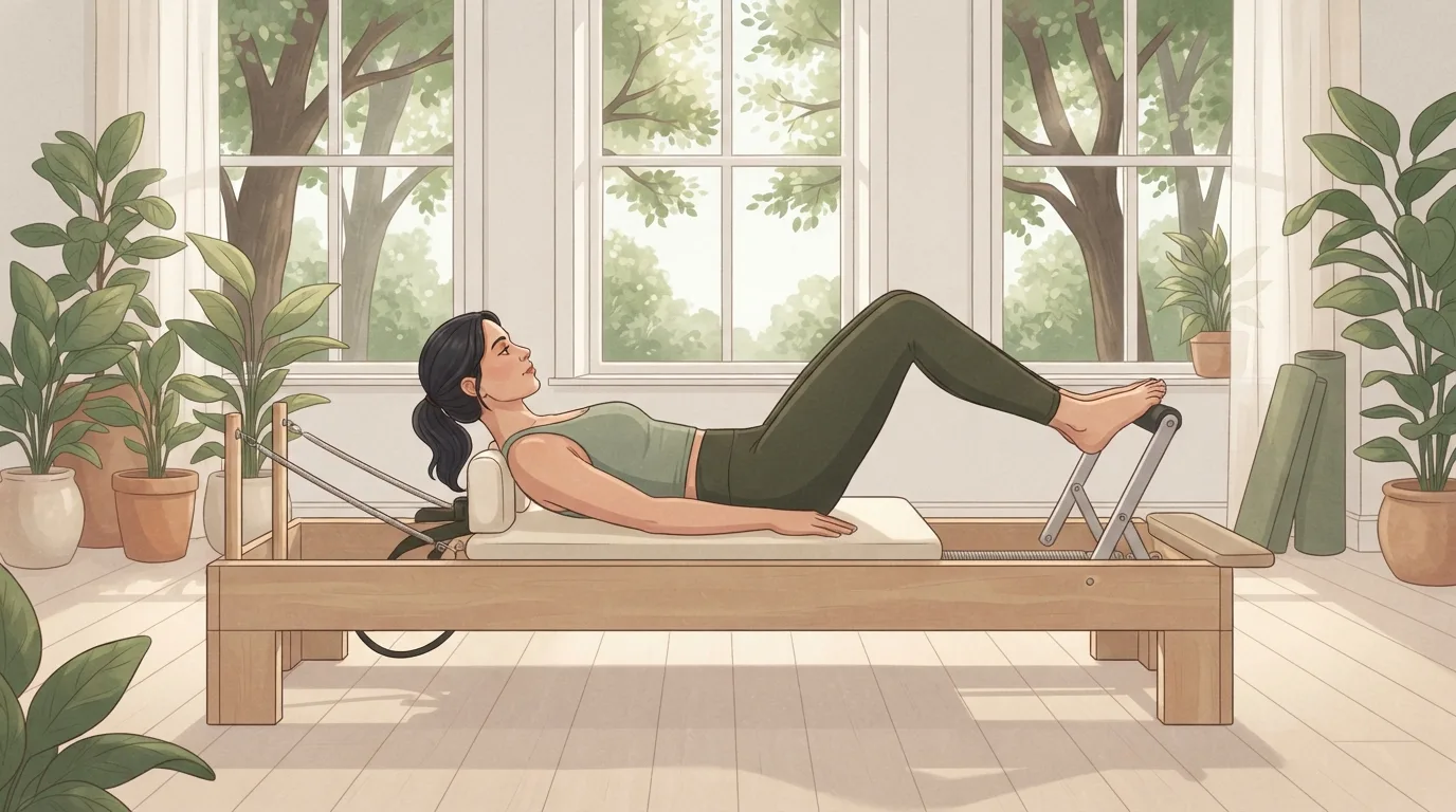 A woman lying on a Pilates reformer in a bright studio pressing the carriage away with her legs against the springs, showing Pilates as resistance training