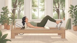 A woman lying on a Pilates reformer in a bright studio pressing the carriage away with her legs against the springs, showing Pilates as resistance training