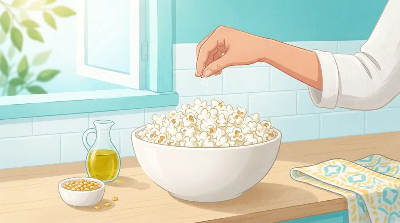 Nahaufnahme einer Hand, die eine Prise Salz über eine weiße Schüssel voll frisch gepoppten Heißluft-Popcorns streut, auf einer sonnigen Küchenarbeitsplatte, daneben ein kleines Kännchen Olivenöl und ein Schälchen mit ungepoppten Körnern