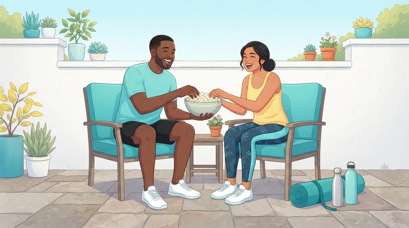 Weitwinkelaufnahme von zwei Freunden in Trainingskleidung, die auf einer sonnigen Hinterhofterrasse lachen, während sie sich eine große Schüssel Popcorn teilen, mit einer aufgerollten Yogamatte und zwei Wasserflaschen neben ihren Stühlen