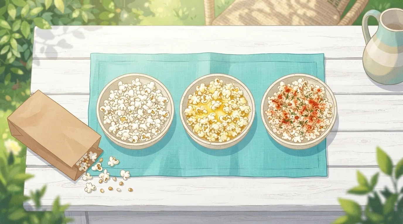 Draufsicht auf drei Schüsseln Popcorn auf einem weißen Gartentisch: naturbelassenes Heißluft-Popcorn, Popcorn glänzend von geschmolzener Butter und Popcorn mit geräuchertem Paprika und Kräutern bestäubt, daneben eine umgekippte einfache Papiertüte