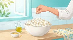 Close-up of a hand sprinkling a pinch of salt over a white bowl heaped with fresh air-popped popcorn on a sunny kitchen counter, with a small cruet of olive oil and a dish of unpopped kernels beside it