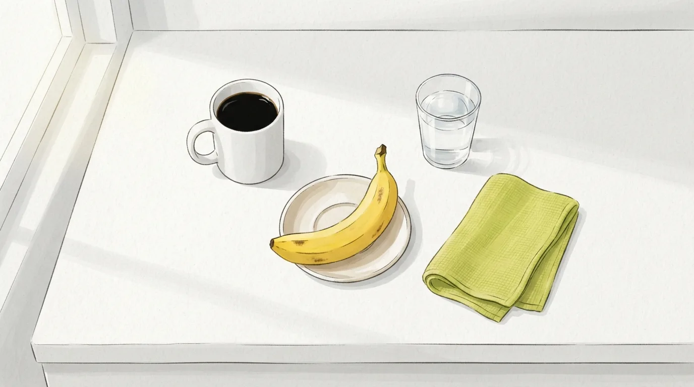 Draufsicht auf eine weiße Küchentheke mit einer Tasse schwarzem Kaffee, einer Banane auf einem kleinen Teller, einem Glas Wasser und einem gefalteten grünen Handtuch als einfache Alternativen zu einem Pre-Workout-Pulver