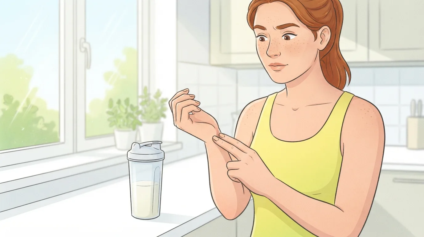 Nahaufnahme einer Frau, die zwei Finger an ihr Handgelenk legt, um den Puls zu fühlen, neben einer halb leeren Shaker-Flasche auf einer hellen Küchentheke