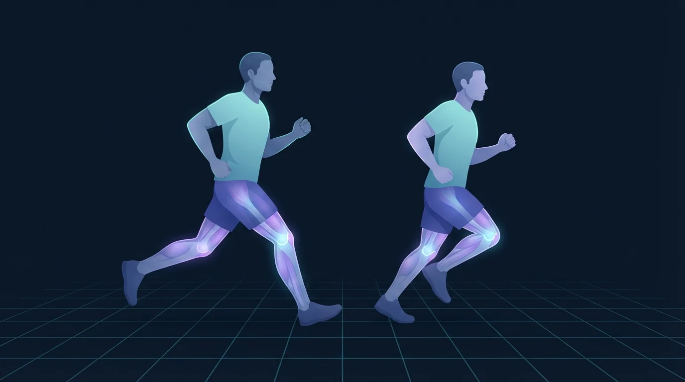 Illustration, die zwei Läufer nebeneinander vergleicht, einer mit Überschreiten und gestrecktem vorderem Bein, der andere mit einem kürzeren, schnelleren Schritt, wobei bei beiden das Knie leuchtet