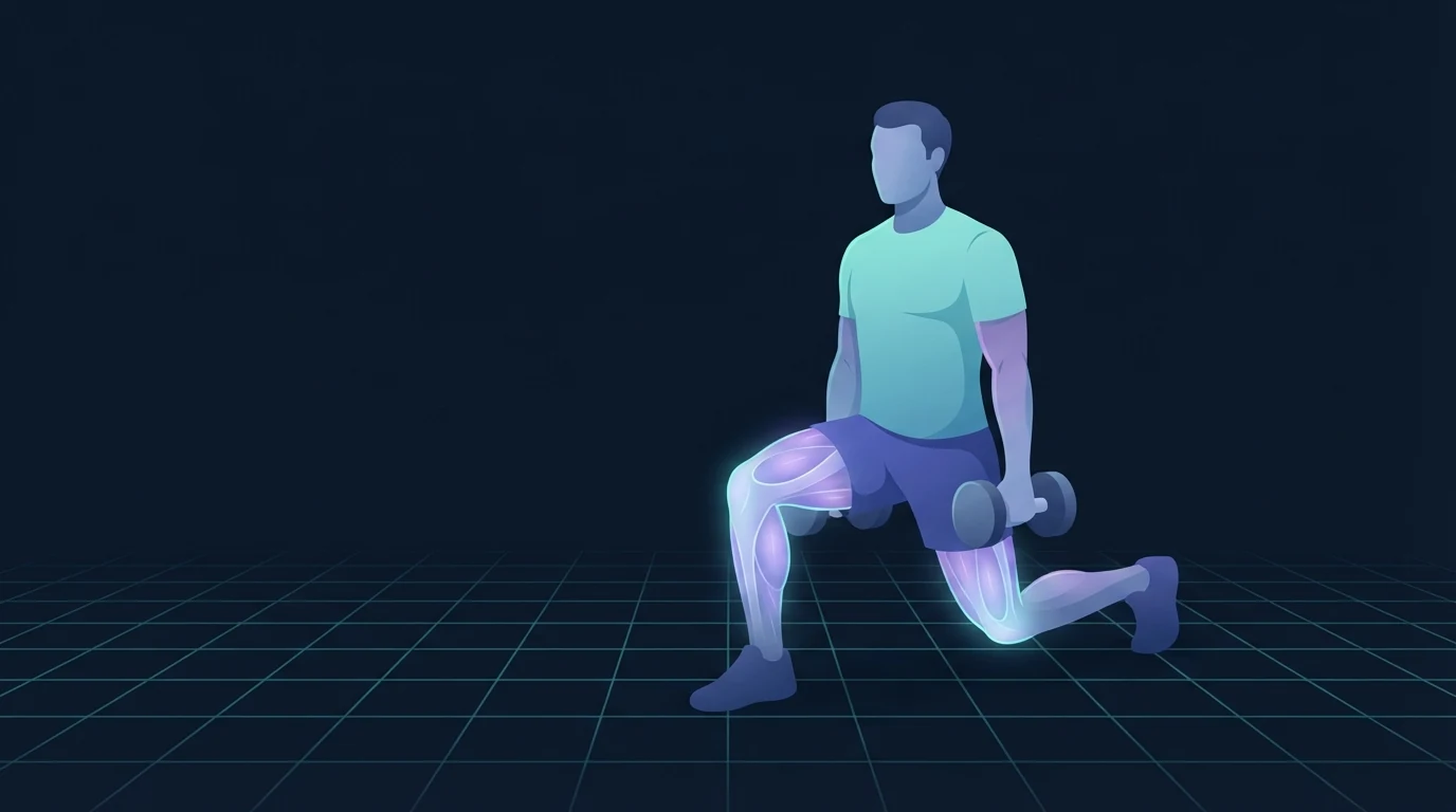 Illustration eines Erwachsenen bei einem Ausfallschritt mit einer Kurzhantel, bei dem Quadrizeps, Gesäß und Waden leuchten, um die Muskeln zu zeigen, die das Knie eines Läufers schützen