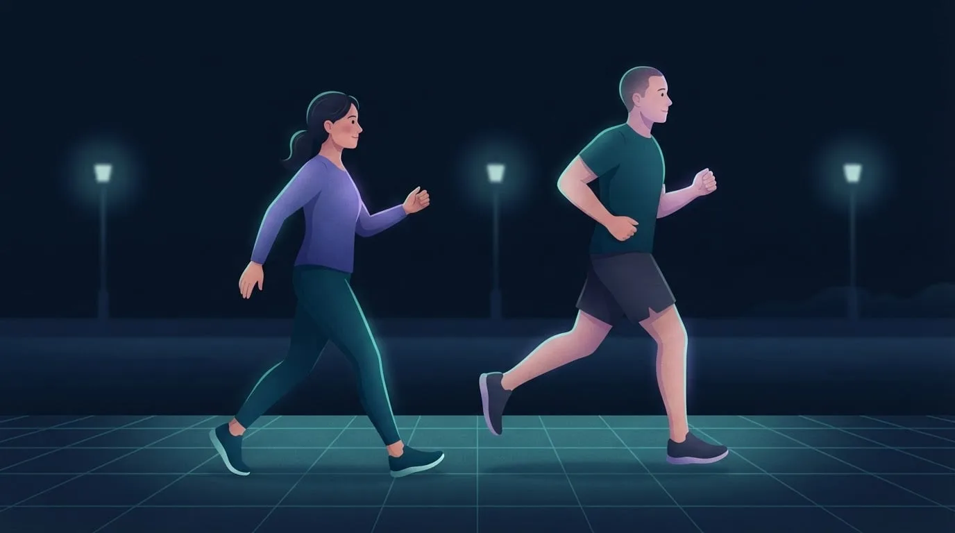Eine Frau, die zügig geht, und ein Mann, der joggt, nebeneinander auf einem Parkweg bei Nacht, in türkisfarbenes und violettes Licht getaucht, als Vergleich von Laufen und Gehen als Training