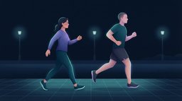 A woman walking briskly and a man jogging side by side along a park path at night, lit by teal and violet light, comparing running and walking as exercise