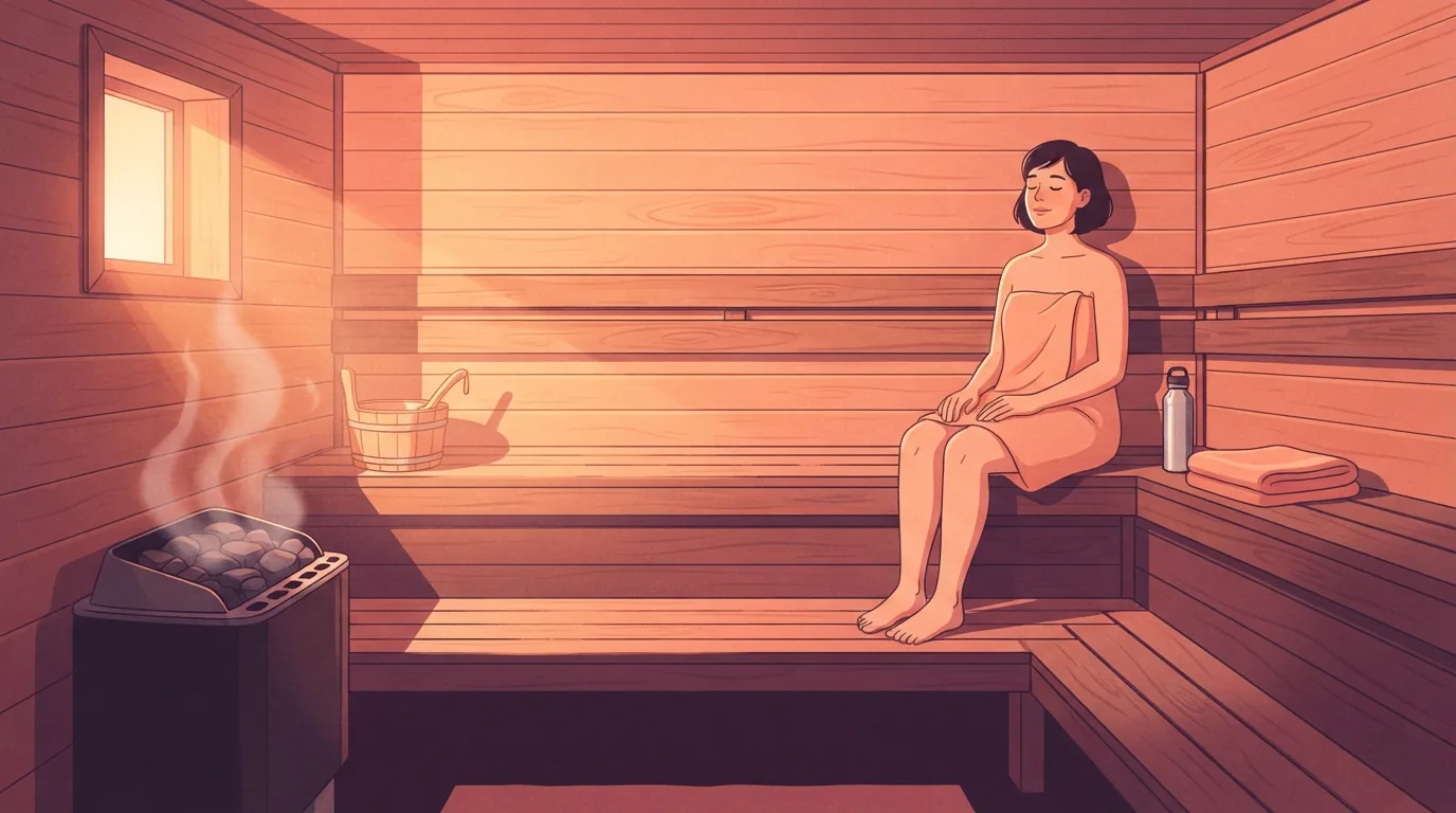 A woman wrapped in a towel resting with her eyes closed on the upper bench of a wooden sauna after a workout, a water bottle beside her and sunrise light coming through a small window