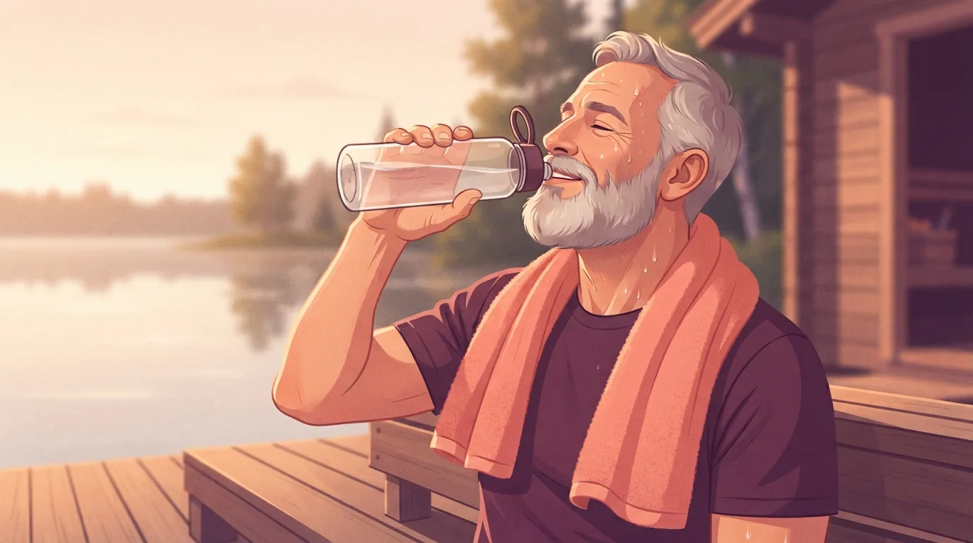 A grey-bearded man with a coral towel around his shoulders drinking from a water bottle on a wooden deck outside a lakeside sauna at sunrise