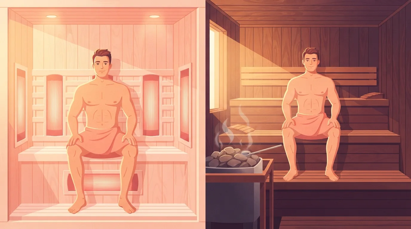 Side-by-side illustration of the same man in a towel sitting in a pale wood infrared sauna cabin with glowing heat panels and in a traditional wooden sauna with a stone heater and steam