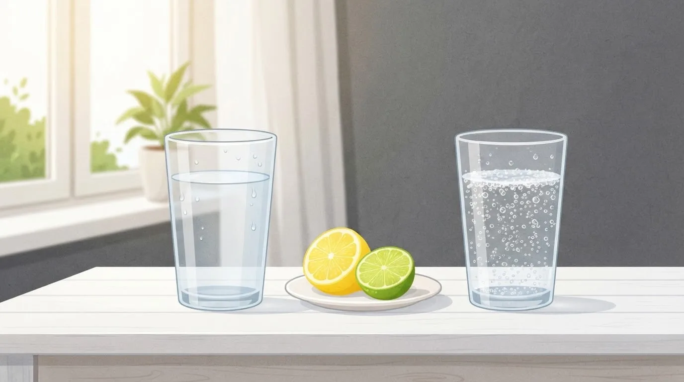 Two identical glasses on a white table by a bright window, still water on the left and sparkling water full of rising bubbles on the right, with a halved lemon and lime on a plate between them