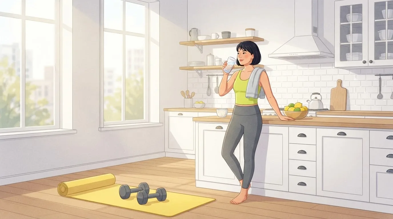 A woman in a lime-green top and grey leggings drinking a glass of sparkling water in a bright kitchen after a home workout, with dumbbells on a yellow mat on the floor