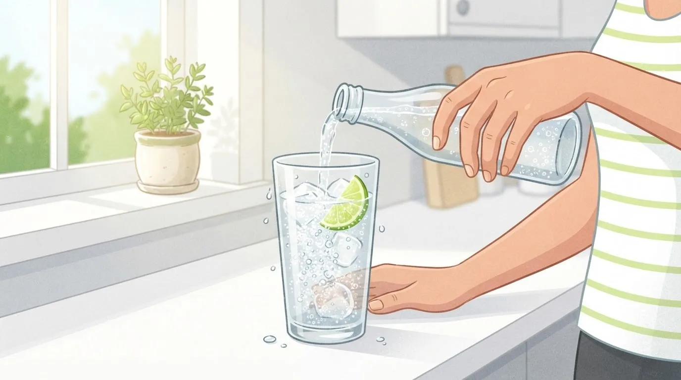 A hand pouring sparkling water from a plain glass bottle into a tall glass with ice and a lime wedge on a white kitchen counter beside a sunny window