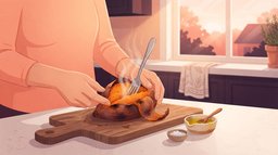 Close-up of hands splitting open a steaming baked sweet potato with a fork on a wooden cutting board at sunrise, showing the bright orange flesh, with a small dish of olive oil and a pinch of salt beside it