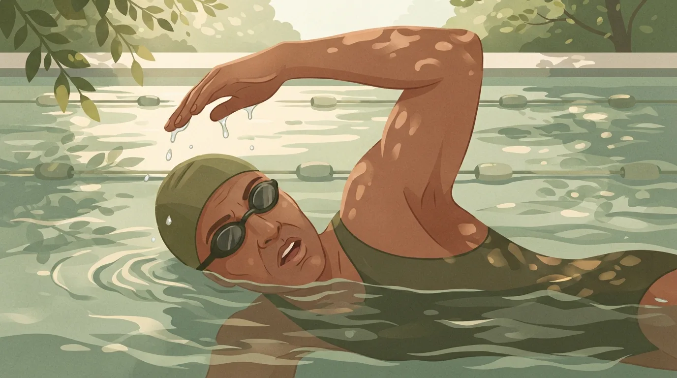 Gros plan au niveau de l'eau d'un nageur avec lunettes et bonnet vert olive tournant le visage hors de l'eau pour respirer pendant le crawl, un bras revenant au-dessus de la tête avec de l'eau qui goutte de ses doigts