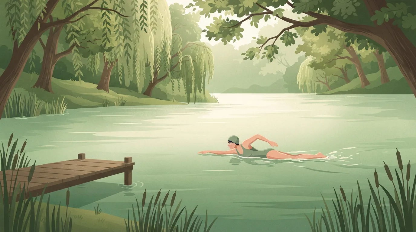 Une femme en bonnet de bain vert nageant un crawl régulier sur un lac calme bordé de saules, avec un ponton en bois et des roseaux au premier plan, un exemple de la natation comme cardio
