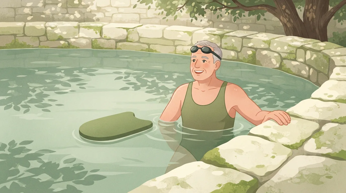 Un homme souriant d'une soixantaine d'années, les lunettes de natation relevées sur le front, se reposant une main sur le bord en pierre d'une piscine extérieure ombragée entre deux intervalles de natation, une planche verte flottant à côté de lui