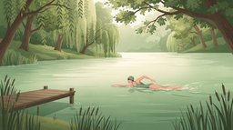 A woman in a green swim cap swimming steady front crawl across a calm lake lined with willow trees, a wooden jetty and reeds in the foreground, an example of swimming as cardio