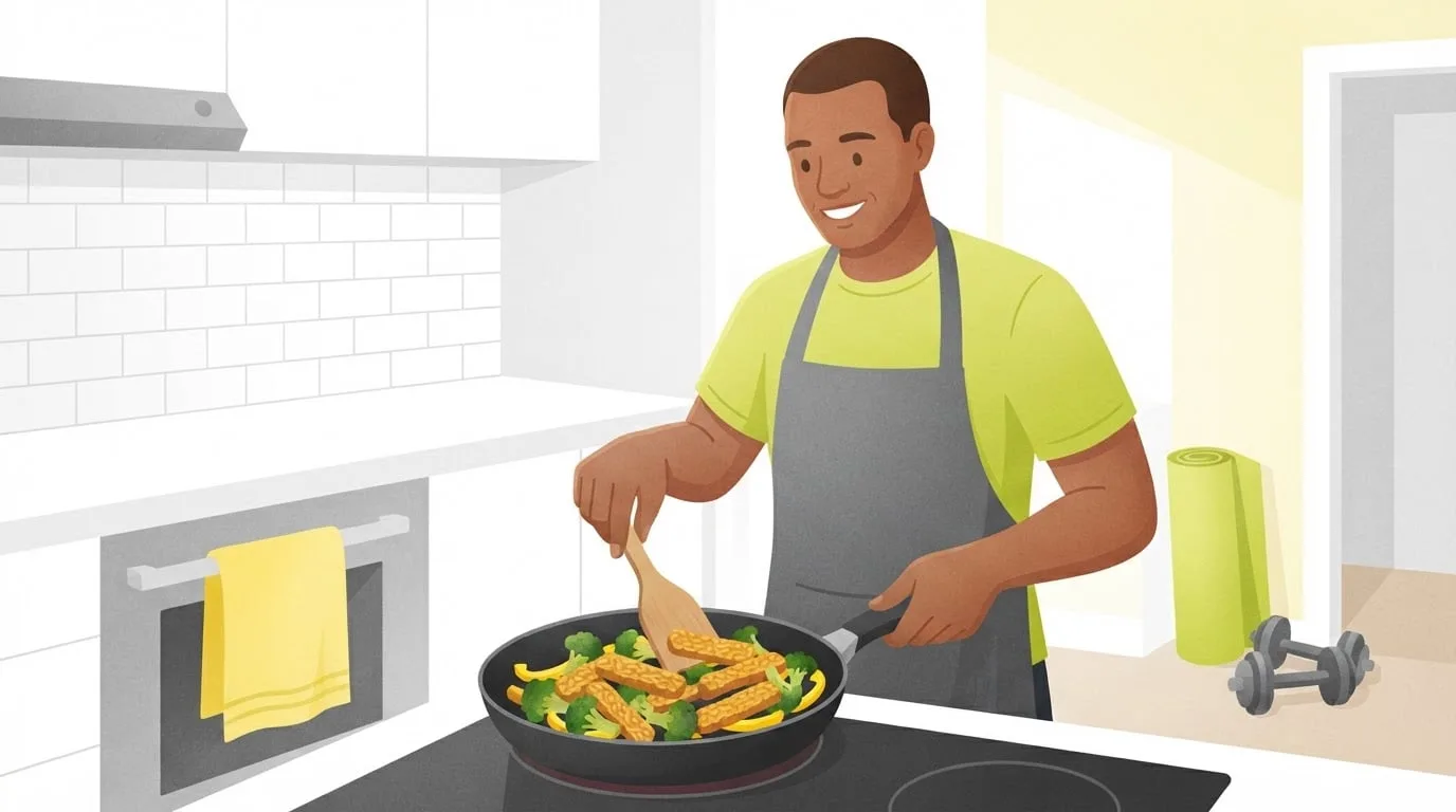 A smiling man in a lime-green t-shirt and grey apron stir-fries golden strips of tempeh with broccoli and yellow pepper in a skillet, with an exercise mat and dumbbells on the floor behind him