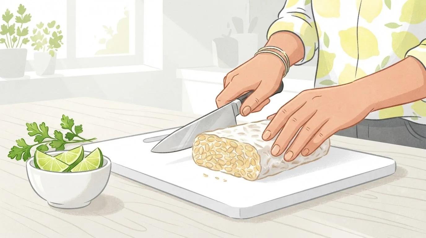 Close-up of a woman's hands slicing a block of tempeh on a white cutting board by a sunny kitchen window, the cut face showing whole soybeans bound by white mold, with a bowl of lime wedges and cilantro beside it