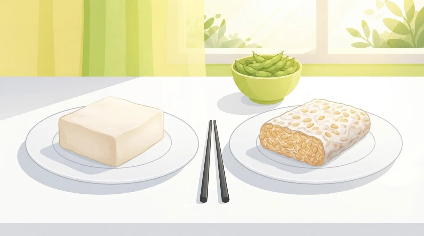 A block of smooth white firm tofu and a block of bumpy tempeh on two white plates side by side on a white table, with chopsticks between them and a green bowl of edamame behind