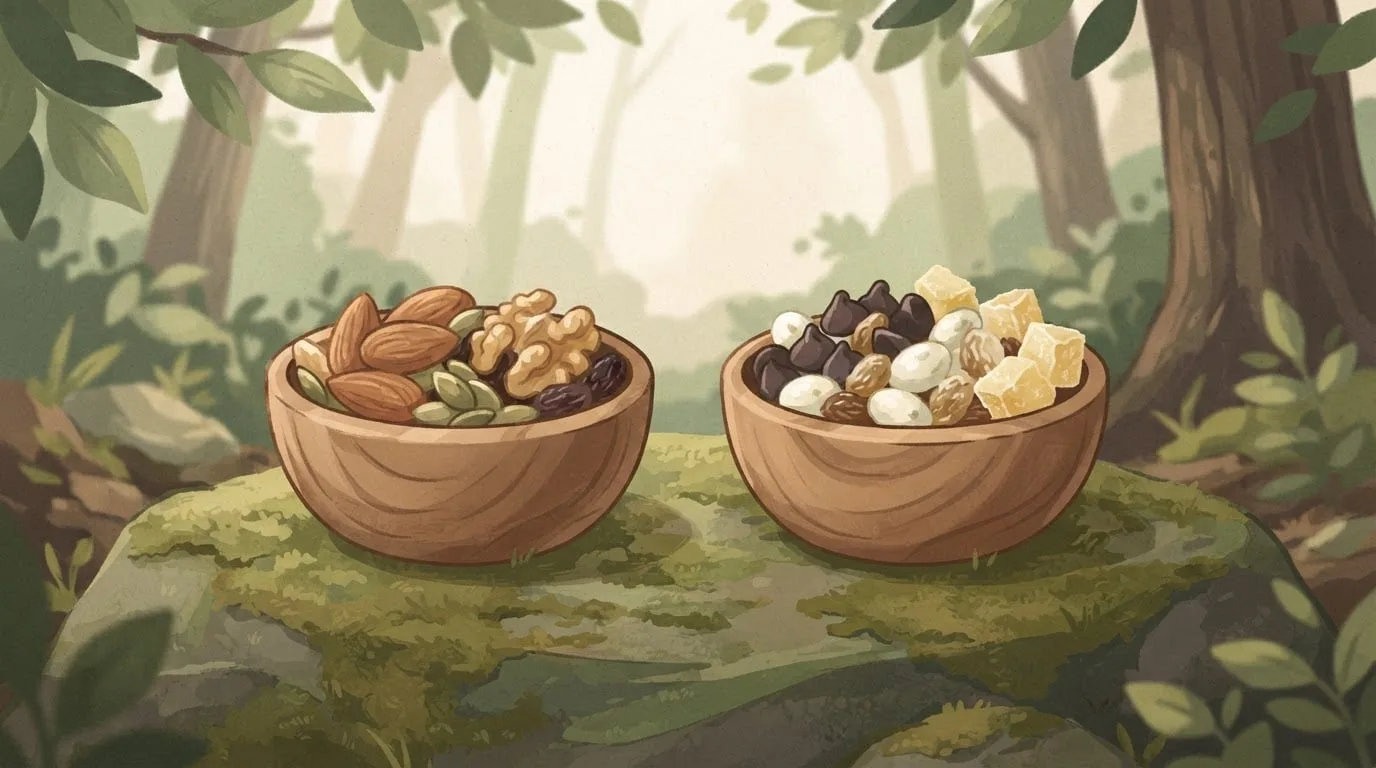 Two wooden bowls of trail mix on a mossy rock, one with almonds, walnuts, pumpkin seeds and raisins and the other with chocolate chips, yogurt-coated raisins and sugary dried pineapple