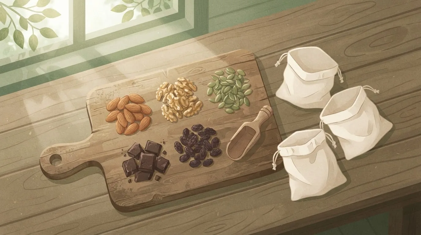 Almonds, walnut halves, pumpkin seeds, raisins and dark chocolate chunks in separate piles on a wooden cutting board, with a small scoop and three cloth pouches ready to fill