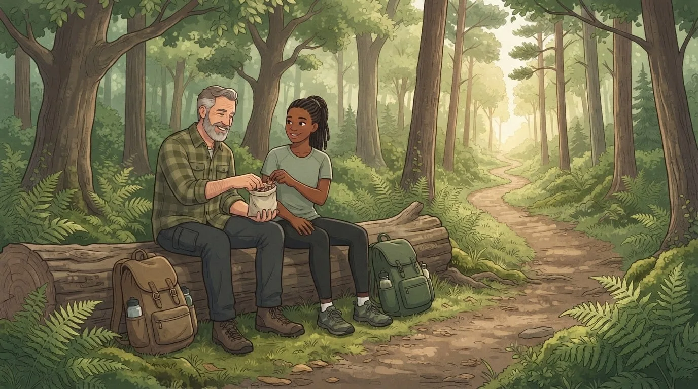 Two hikers, a grey-bearded man and a young woman with braided hair, sharing a small cloth pouch of trail mix on a fallen log beside a forest trail