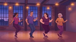 Four adults of different ages and body types dancing a Latin fitness routine together in a lamp-lit community hall at dusk, laughing mid-step with their knees bent and arms swinging