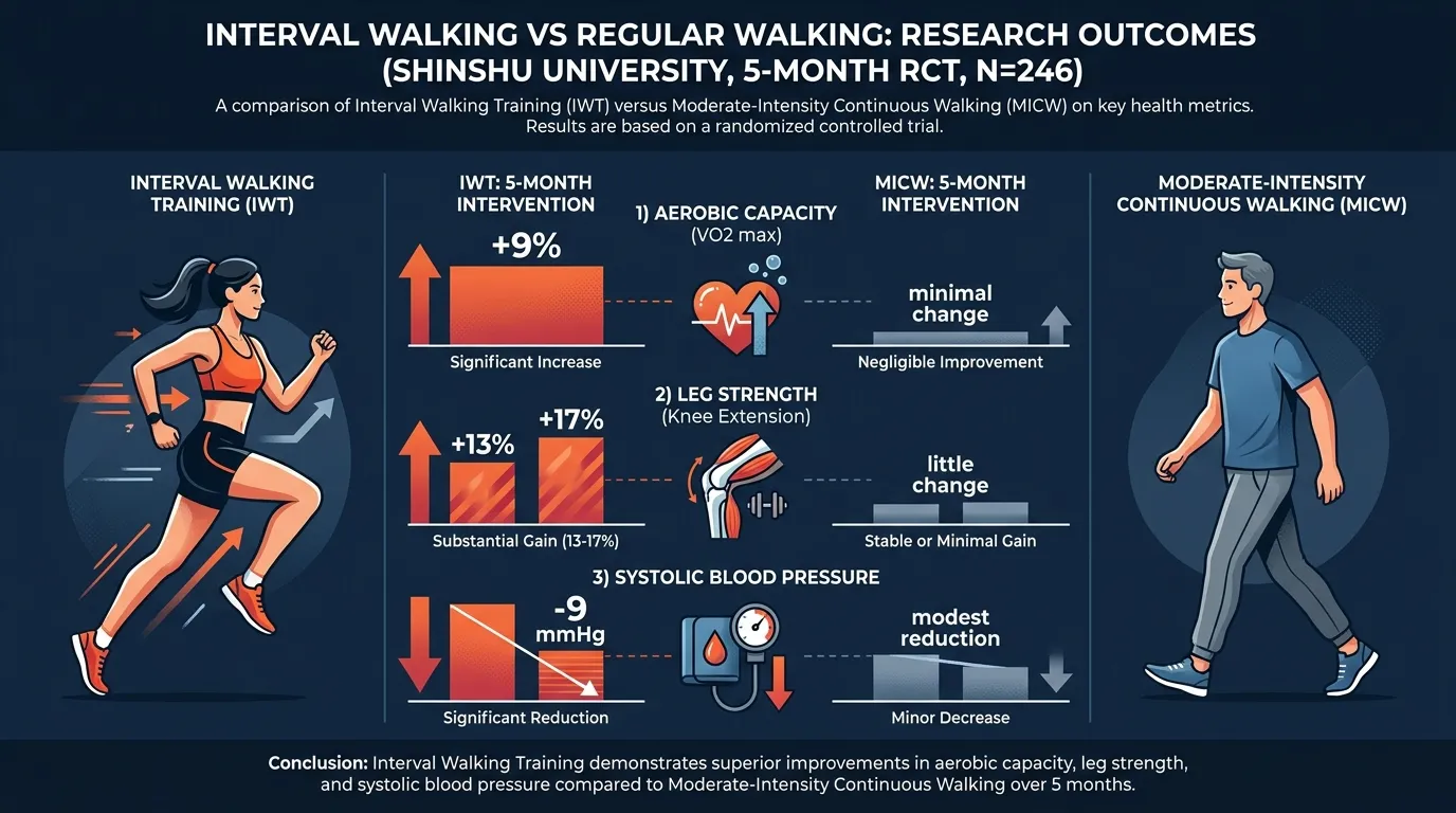 Bar chart comparing Interval Walking Training vs continuous walking showing 9% VO2 max improvement, 13-17% leg strength gains, and 9 mmHg blood pressure reduction from Shinshu University research