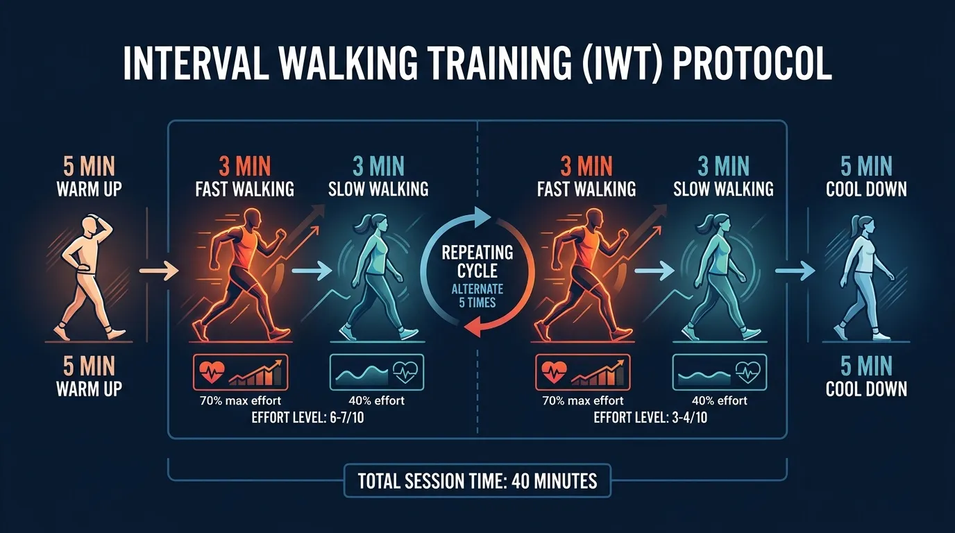Interval Walking Training protocol diagram showing alternating 3-minute fast and slow walking cycles at 70% and 40% peak aerobic capacity