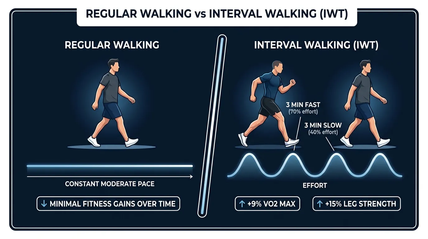 Side-by-side illustration comparing a regular walking figure at steady pace versus an interval walking figure showing fast and slow alternating cycles with progression arrows