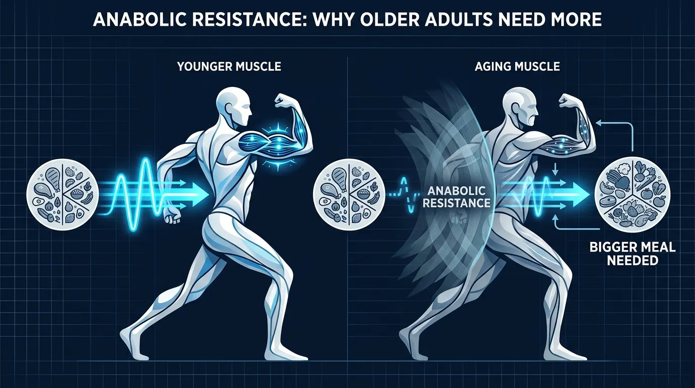 Ilustración editorial que muestra cómo el músculo que envejece necesita una señal de leucina mayor para activar la síntesis de proteínas musculares en comparación con el músculo joven, ilustrando la resistencia anabólica