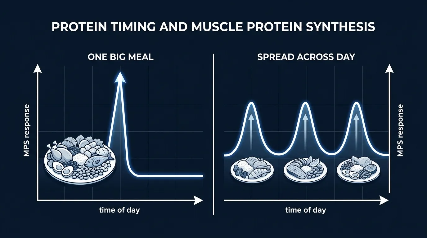 Ilustración editorial que compara una comida grande de proteínas con cuatro comidas distribuidas, mostrando más picos totales de síntesis de proteínas musculares cuando la proteína se reparte a lo largo del día