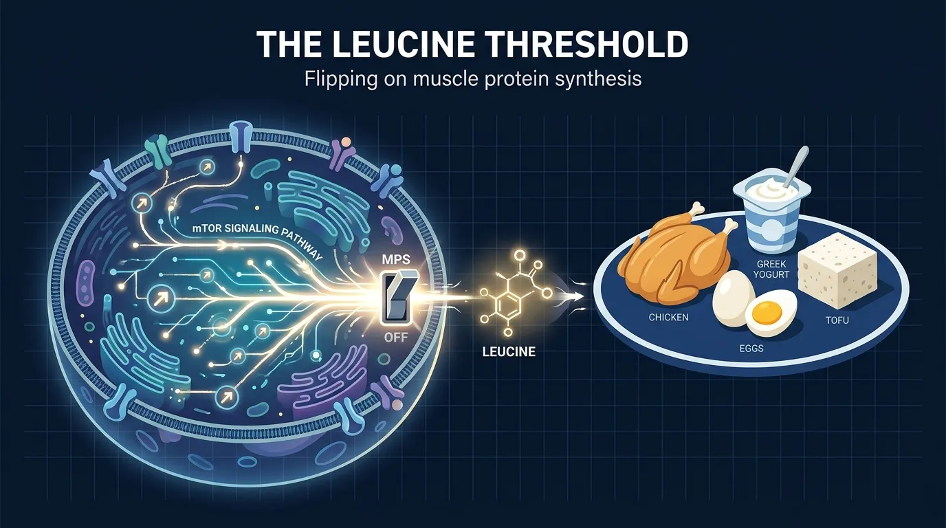 Ilustração editorial mostrando a leucina ativando a via mTOR dentro de uma célula muscular, com um prato de alimentos ricos em proteína ao lado de um interruptor estilizado ligando a síntese proteica muscular