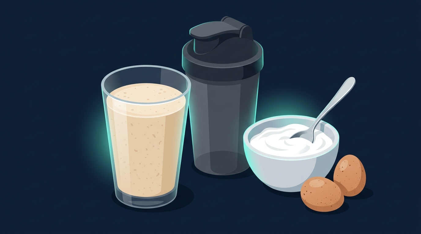 Opciones densas en proteína como un batido de proteína, un shaker, un bol de yogur griego y huevos sobre una superficie oscura