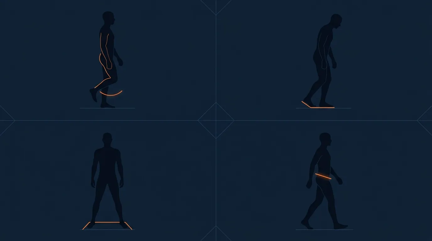 Editorial illustration showing common abnormal walking gait patterns including limp, shuffling, widened stance, and Trendelenburg hip drop