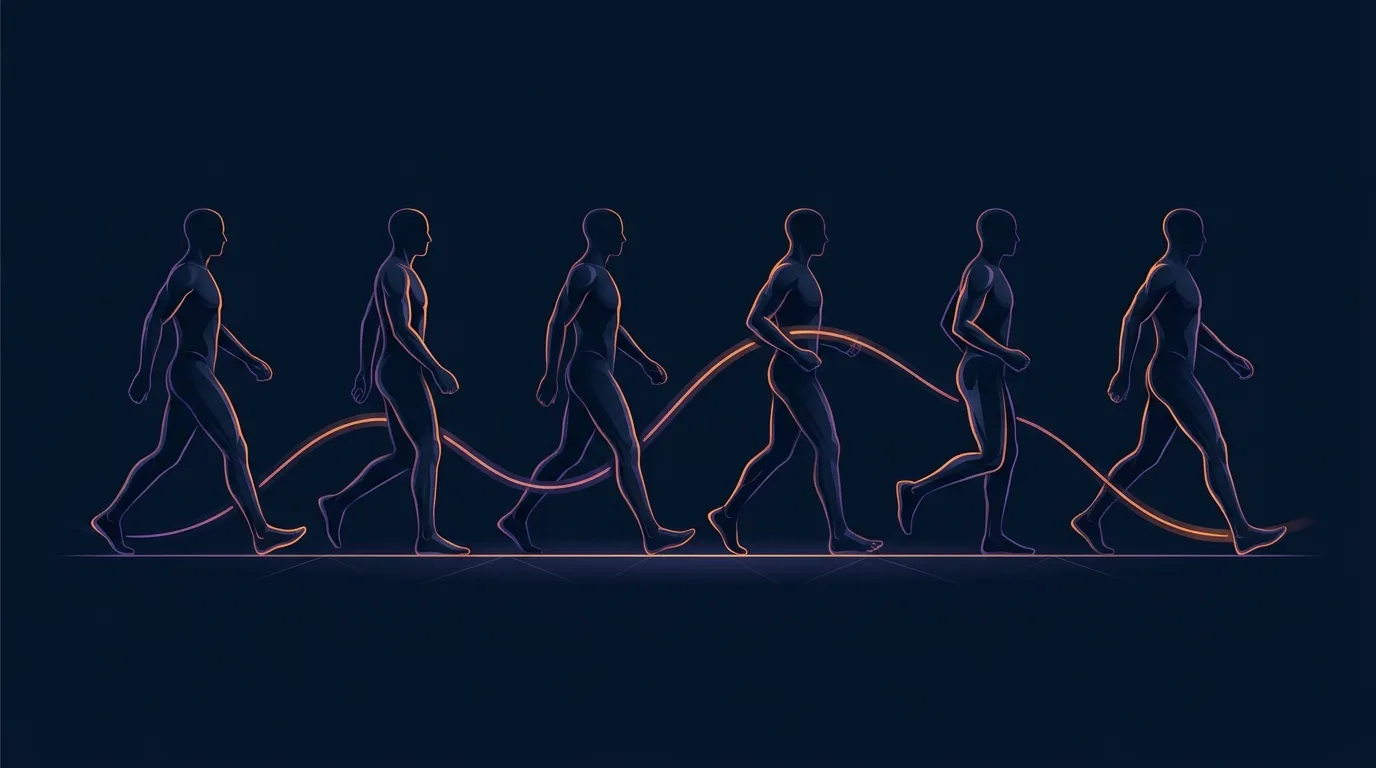 Editorial illustration of the normal human walking gait cycle showing stance and swing phases with heel strike, midstance, and toe-off positions