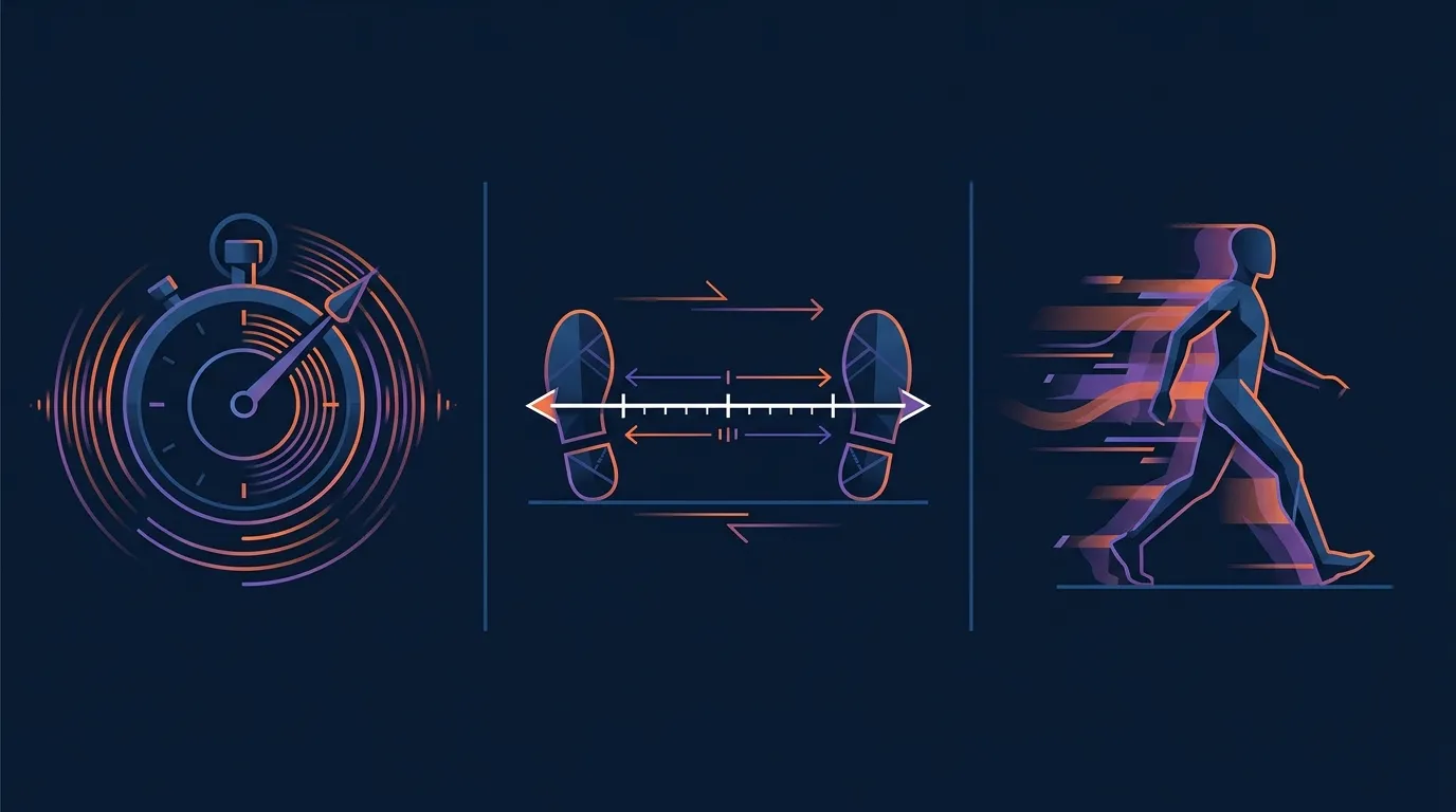 Editorial illustration showing the three measurable parameters of a normal walking gait, cadence in steps per minute, stride length, and walking speed