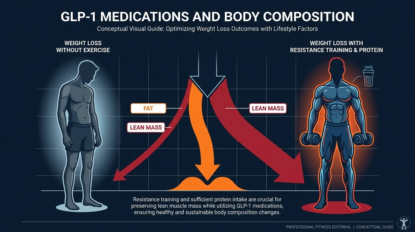 Conceptual illustration showing the body composition shift on GLP-1 medications: a person losing weight with both fat and muscle decreasing, with resistance training and protein protecting lean mass
