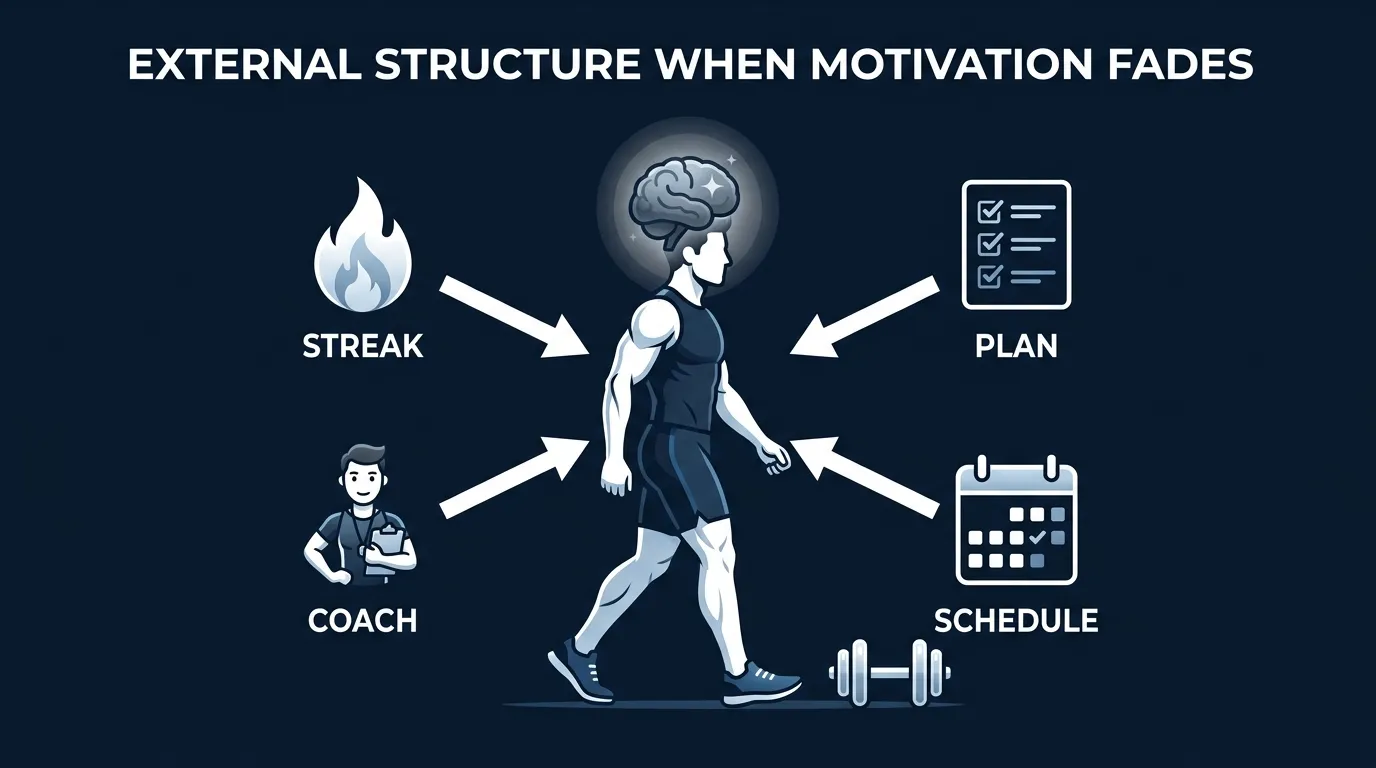 Conceptual illustration of dampened motivation on GLP-1 medications showing a figure with muted internal reward signals and external structures like streaks, coaching, and consistency cues pulling them forward
