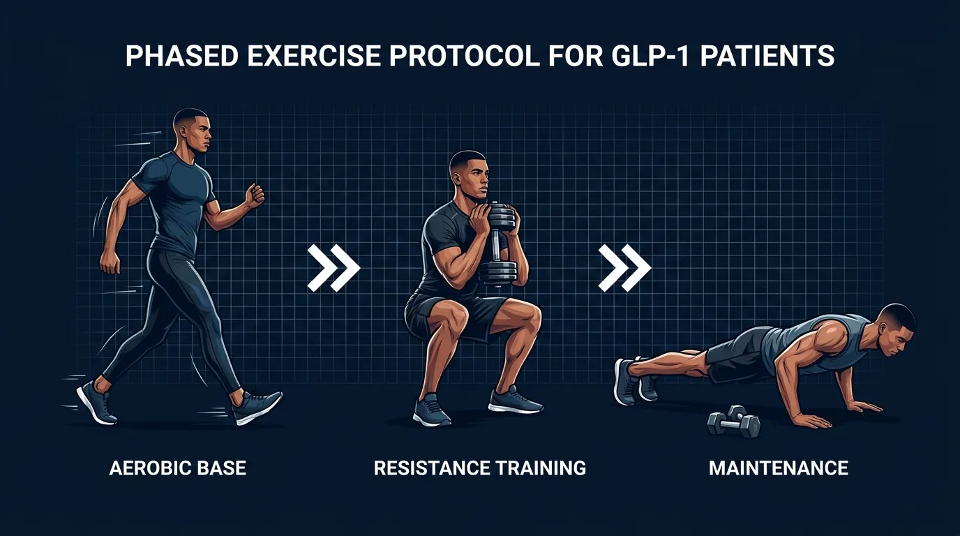 Editorial illustration of the phased exercise protocol for GLP-1 patients showing aerobic walking, resistance training with dumbbells, and ongoing maintenance for muscle preservation