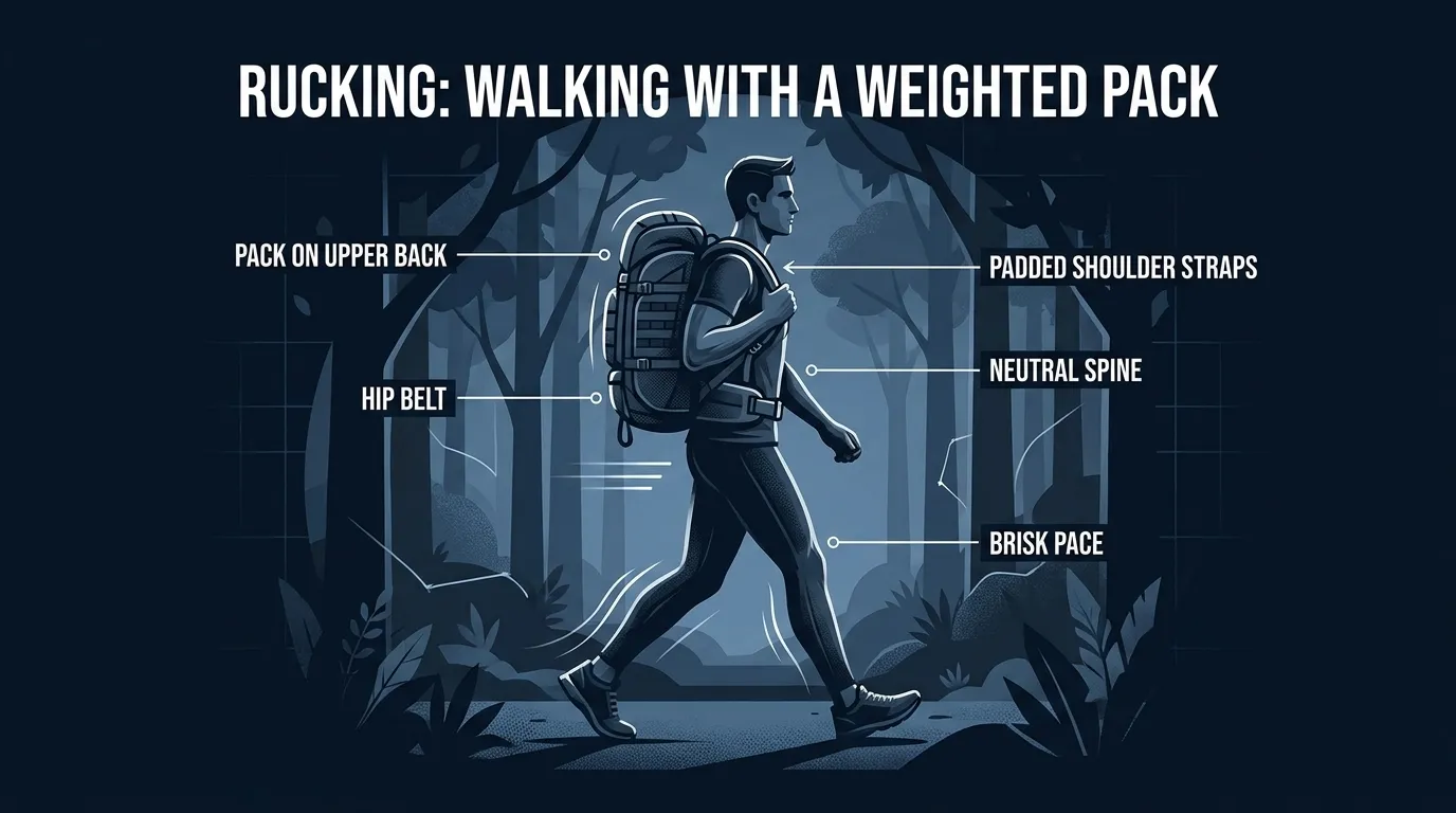 Rucking for beginners protocol diagram showing a hiker walking with a weighted backpack on a forest trail, illustrating proper posture and load placement for entry-level rucking