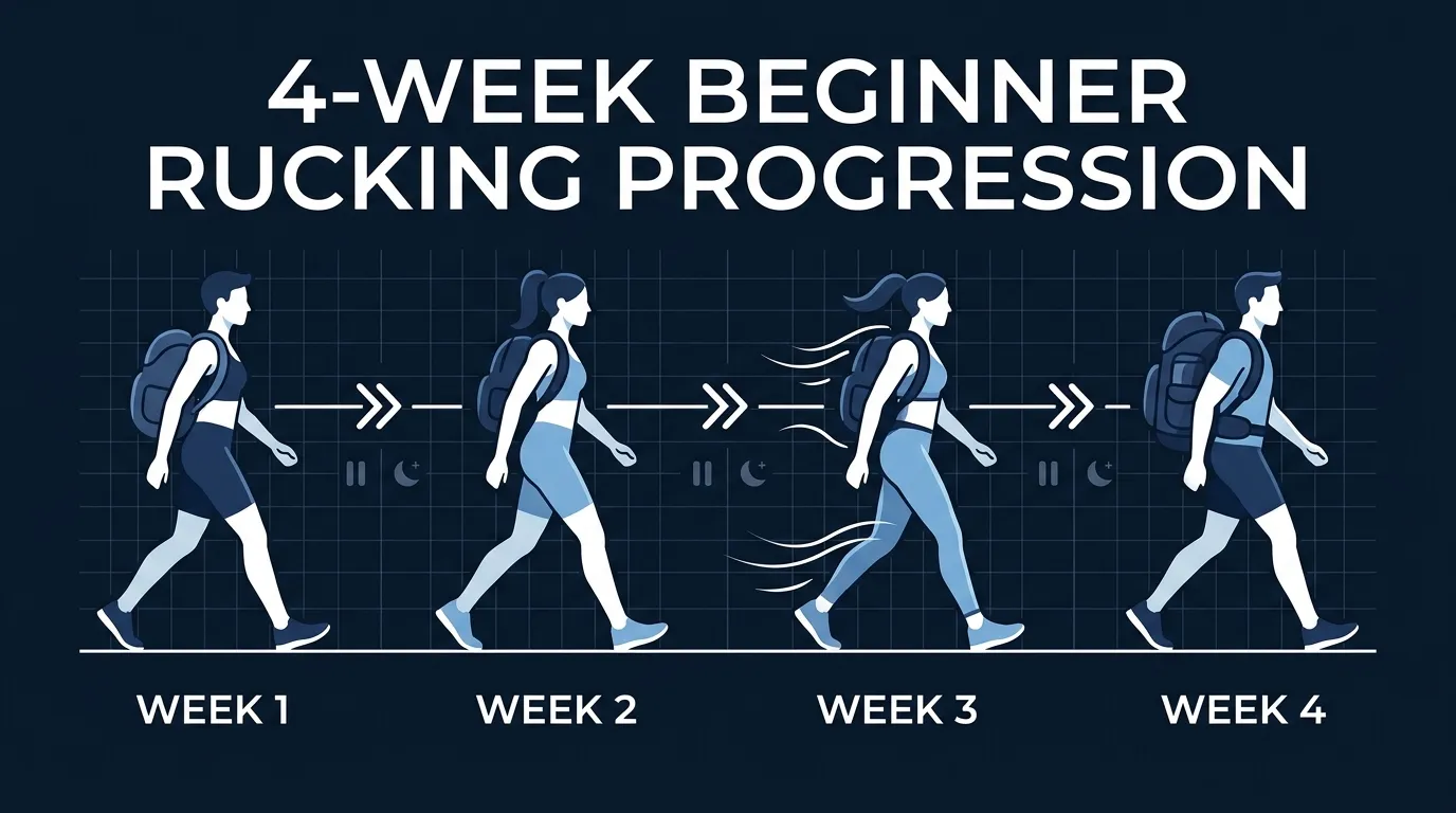 Four-week rucking progression plan illustration showing gradual increase in time and weight across weeks, with rest days marked between sessions to support tendon and joint adaptation