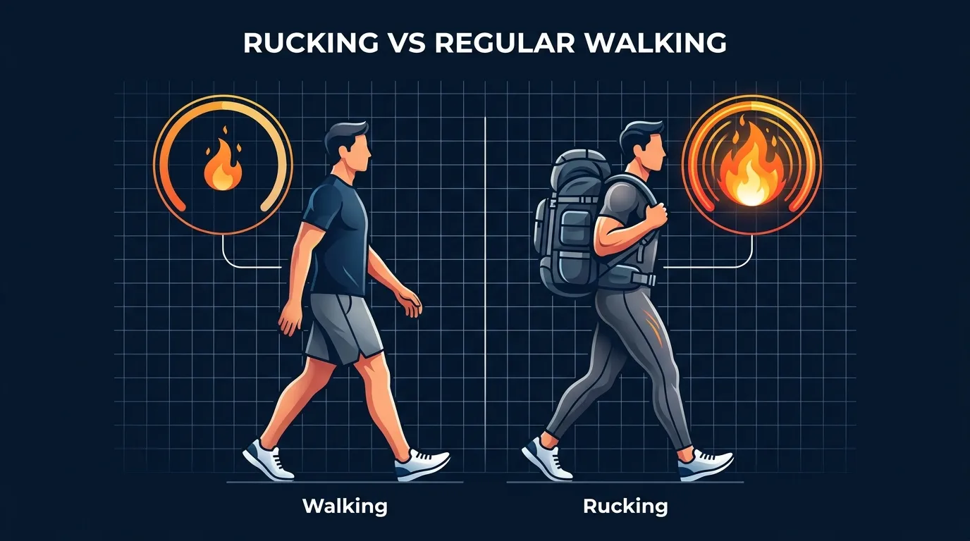 Comparison illustration showing energy expenditure rising with backpack load during walking, contrasting unweighted walking with rucking at 10 percent and 20 percent of body weight