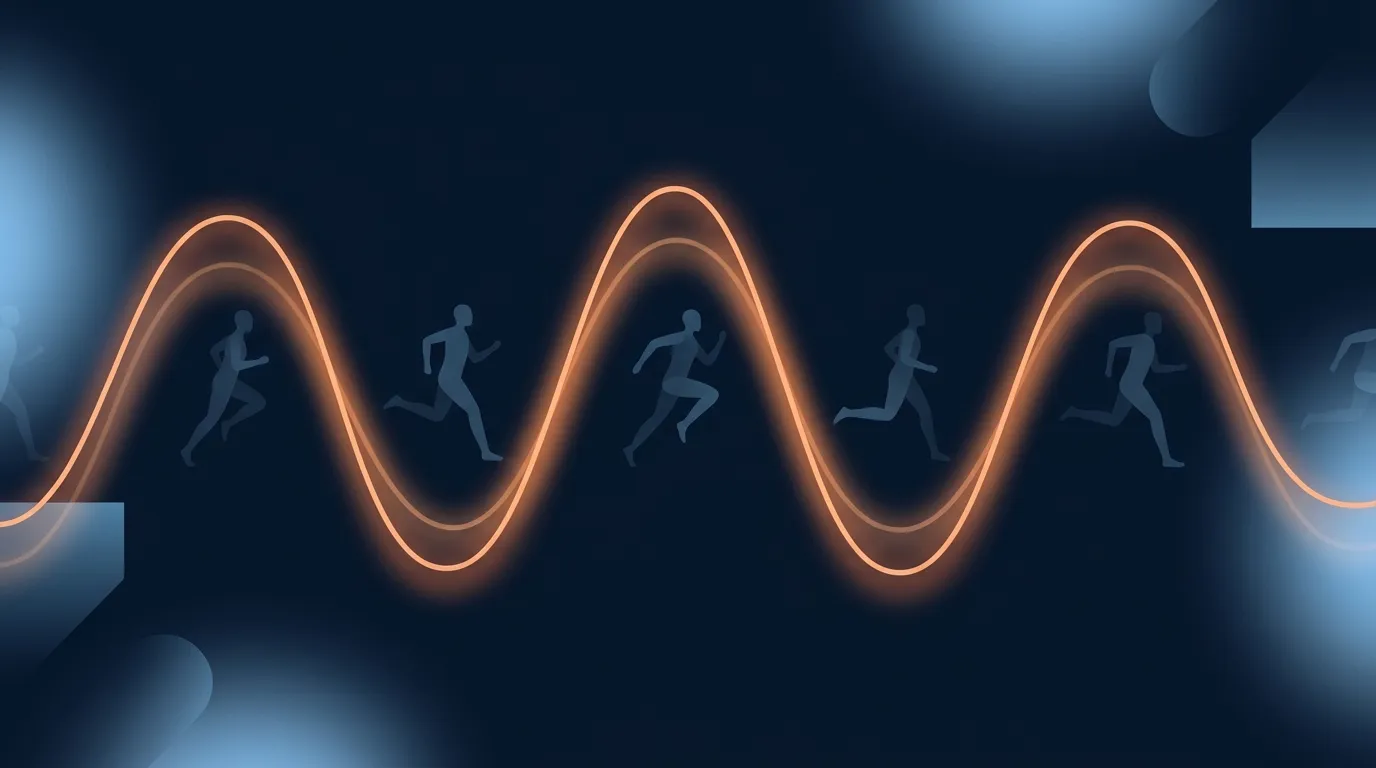 Abstract conceptual illustration of a heart rate curve oscillating with run and walk intervals, showing the heart rate falling during walk segments and rising during run segments without ever pegging at peak exhaustion