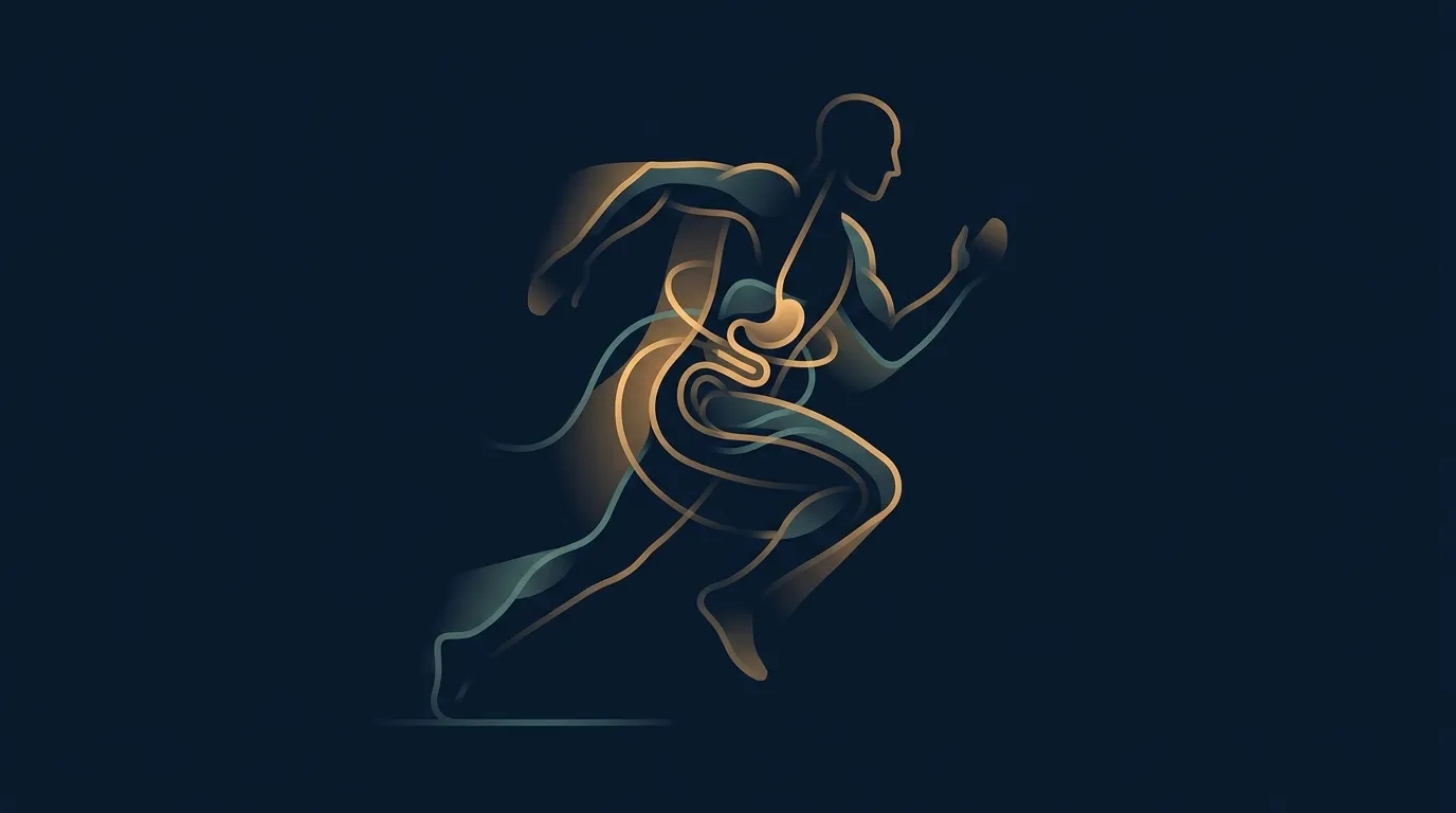 Conceptual illustration of a runner mid-stride with abstract digestive system pathways highlighted suggesting the connection between running mechanics and gut symptoms