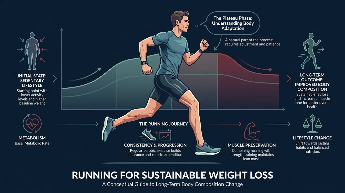 Illustrated figure running on a dark navy background with a subtle weight scale graphic showing gradual not steep progression
